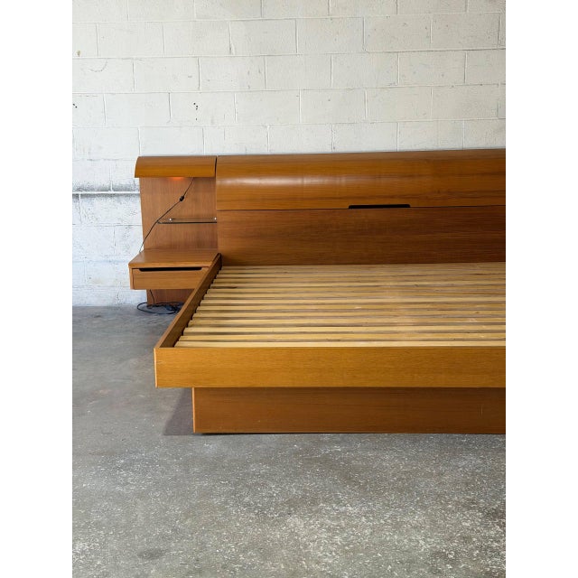 Brown Teak King Platform Bed With Built-in Nightstands and Lights Danish Mid-Century Modern 1970s For Sale - Image 8 of 13