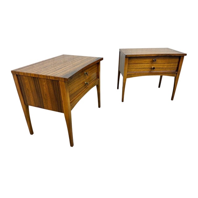 Elevate your bedroom with this stunning pair of Mid-Century Modern Lane nightstands, beautifully crafted in rich walnut...