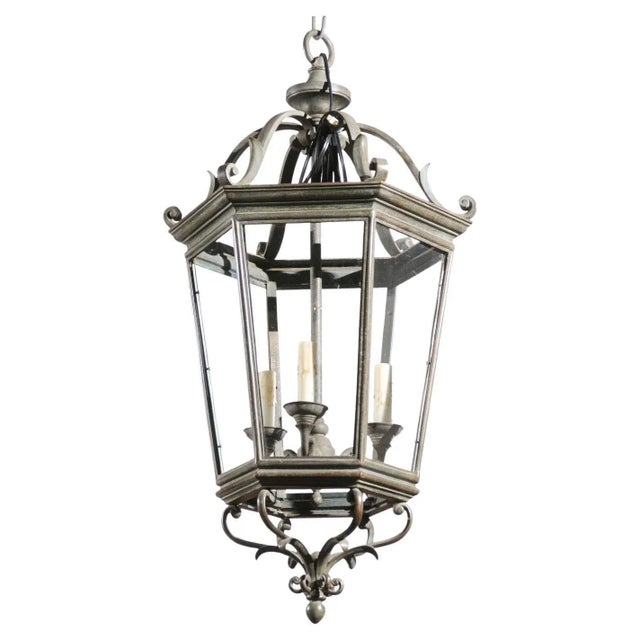 Spanish 1910s Bronze and Glass Hexagonal Lantern with Three Lights and Volutes For Sale - Image 11 of 11