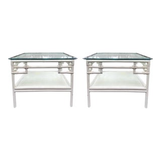 Large Chinese Chippendale Style Rattan Ficks Reed White Side Tables - Pair For Sale