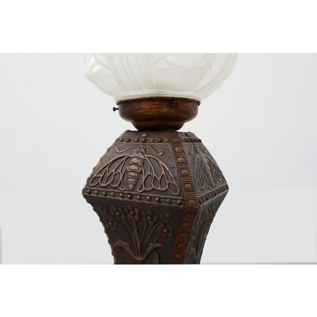 Art Nouveau Floor Lamp in Hammered Copper with Frosted Glass Hood, 1890s For Sale - Image 6 of 15