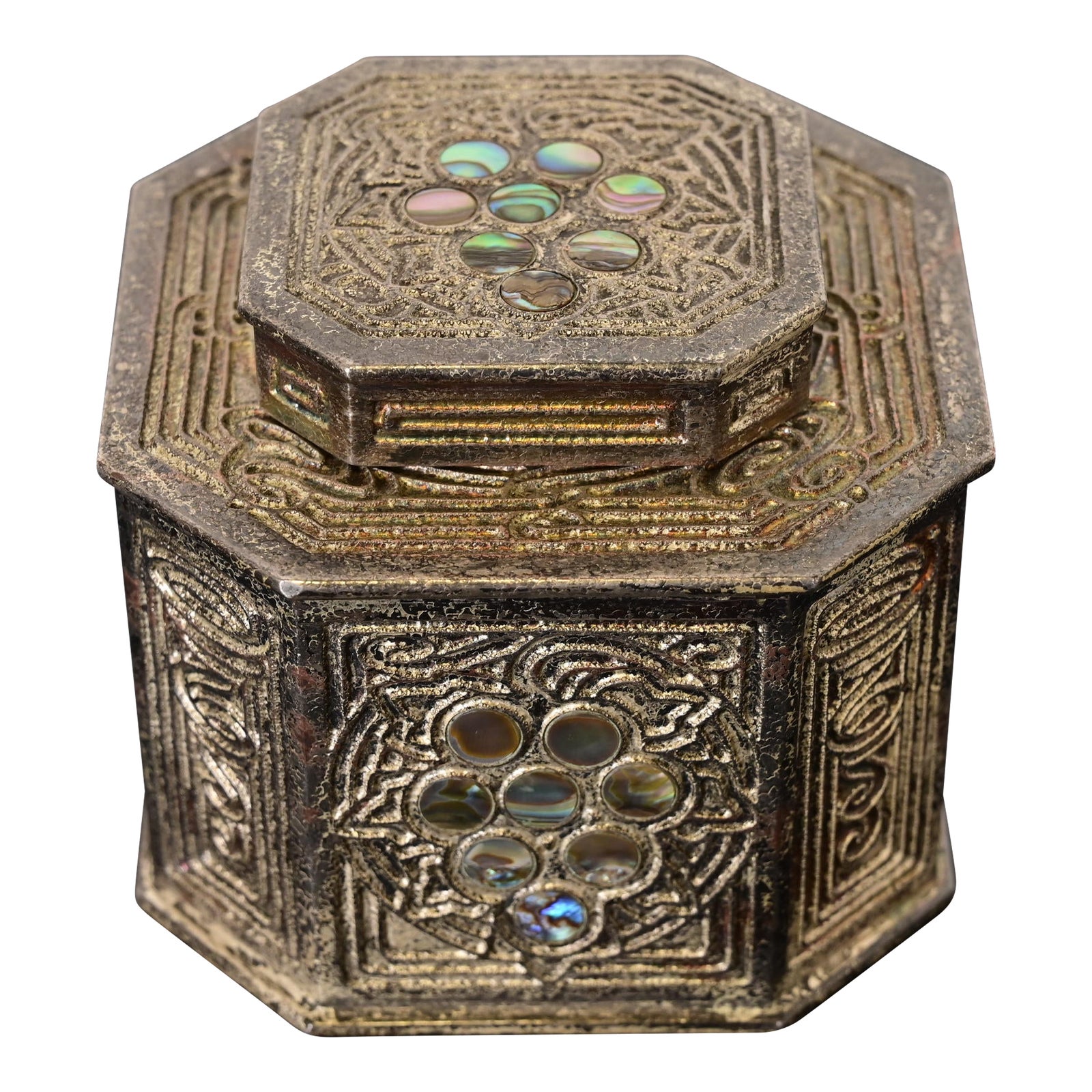 Tiffany Studios New York Silvered Bronze and Abalone Inkwell | Chairish