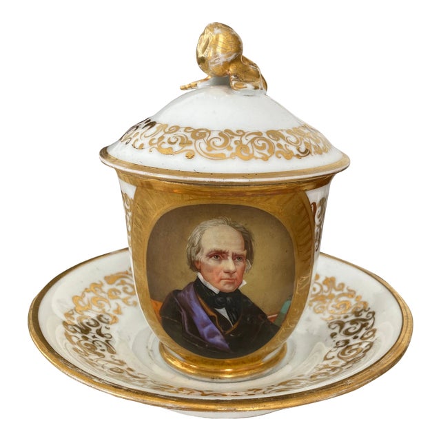 19th Century Antique Old Paris Porcelain Portrait Covered Cup and Saucer Set- 3 Pieces For Sale
