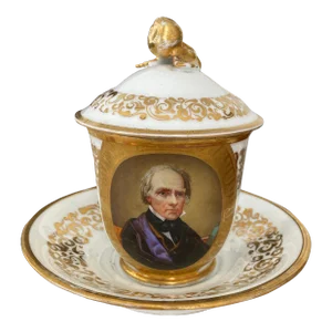 19th Century Antique Old Paris Porcelain Portrait Covered Cup and Saucer Set- 3 Pieces