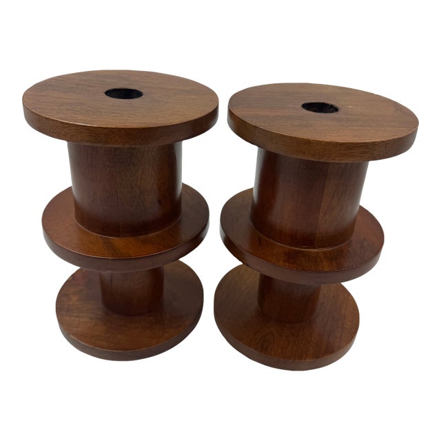Pair of West Elm Mid-Century Turned Wood Candlesticks For Sale