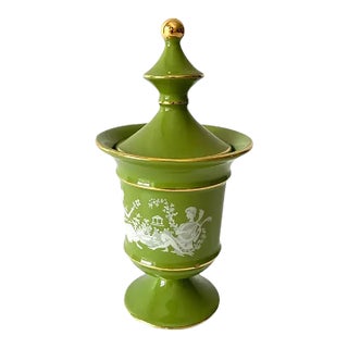 Italian Florentine Moss Green and Gold Petite Lidded Round Jar Urn, 1960s For Sale