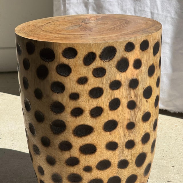 Vintage Side Table in Cylindrical Mango Wood and Leopard Print, 1980s For Sale - Image 6 of 11