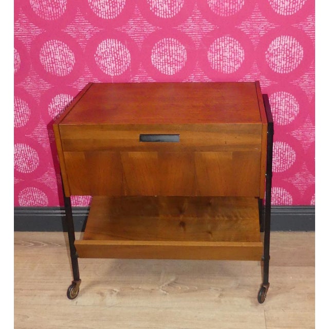 Mid-Century Modern 2 Tone Wooden Sewing Box on Casters Shelf in Black Walnut & Steel Tube, 1960s For Sale - Image 3 of 12