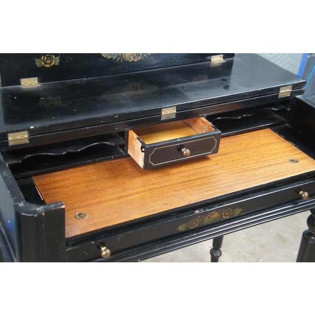 Hitchcock Style Black Lacquered Harvest Stenciled Secretary Writing Desk For Sale - Image 9 of 14