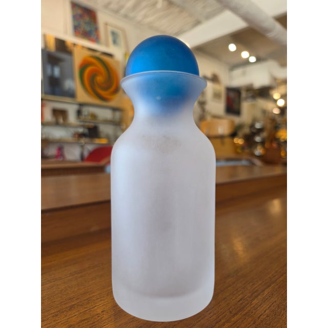 2000 - 2009 Vintage Frosted Glass Decanter / Bottle With Cobalt Blue Ball Stopper For Sale - Image 5 of 14