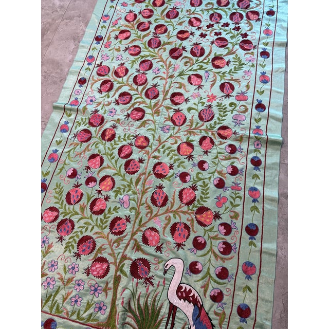 Green Green Silk Suzani Tapestry With Pomegranate Tree For Sale - Image 8 of 9