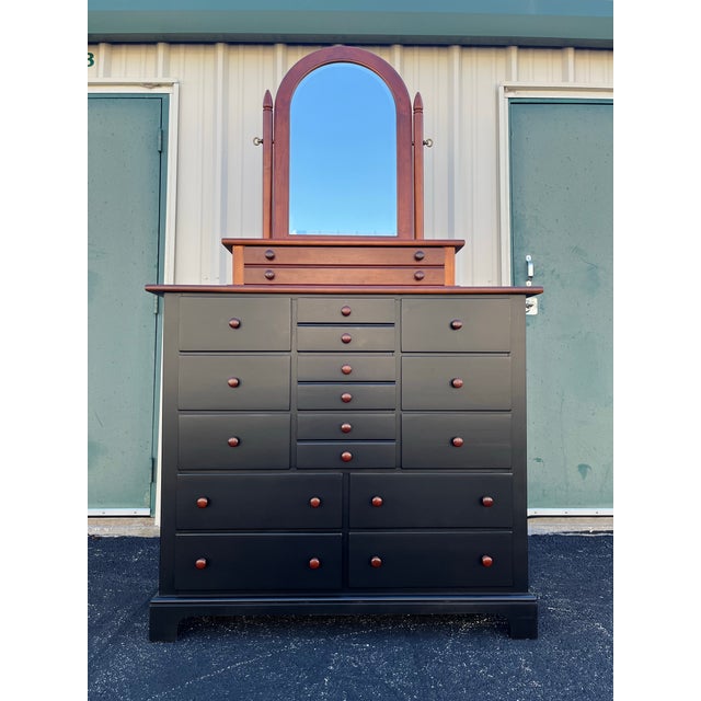 1990s Stanley Furniture 13-Drawer Black and Cherry Tall Chest of Drawers With Dressing Mirror For Sale - Image 10 of 12