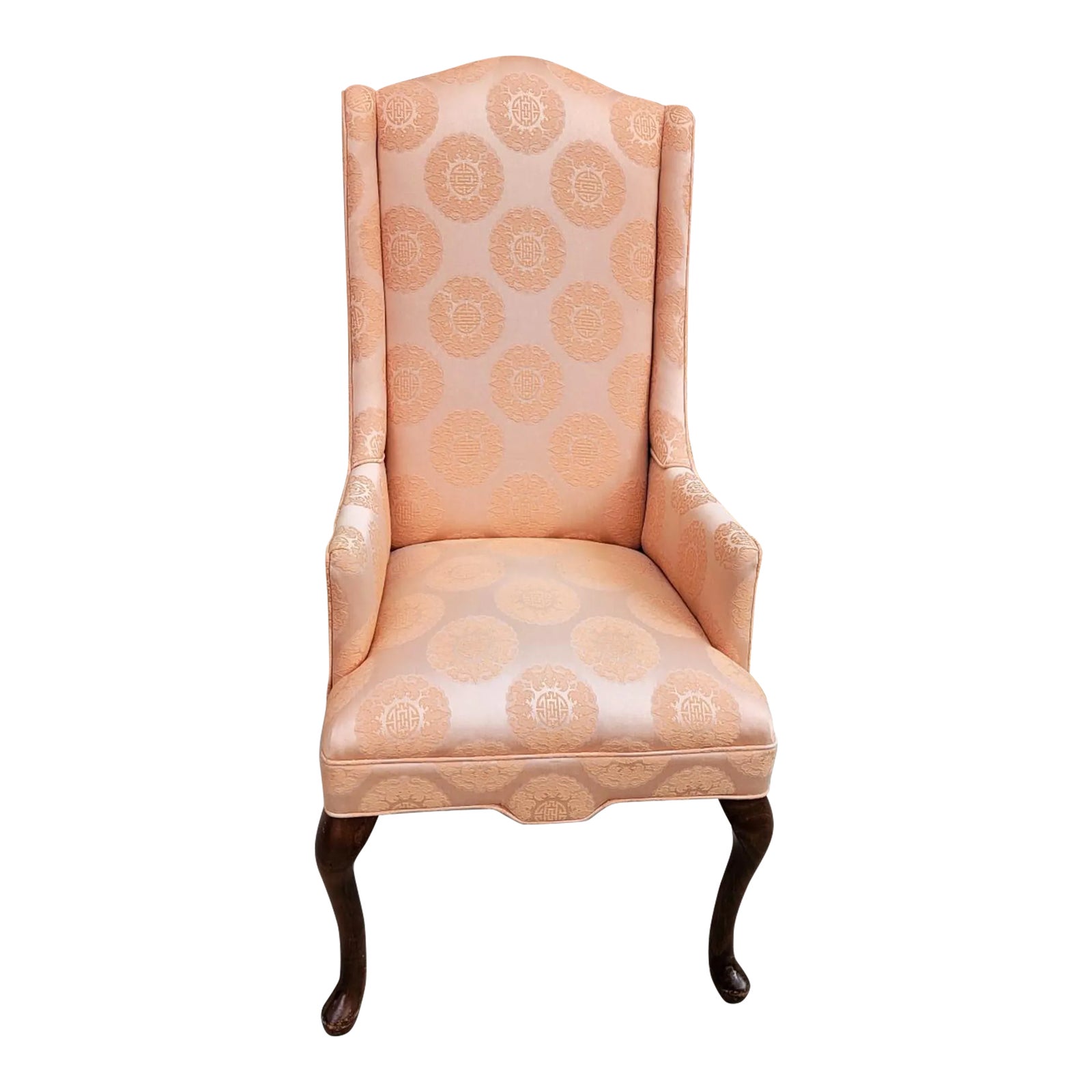 20th C High Back Wingback Chair With Peach Chinoiserie Upholstery