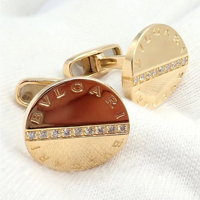 Bulgari Yellow Gold Diamond Classic Round Cufflinks, A Pair For Sale - Image 10 of 11