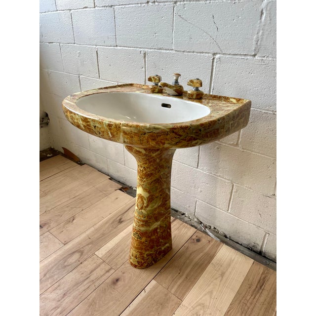 1970s 1970s Hollywood Regency Faux Marble Pedestal Sink With Matching Fixtures For Sale - Image 5 of 11
