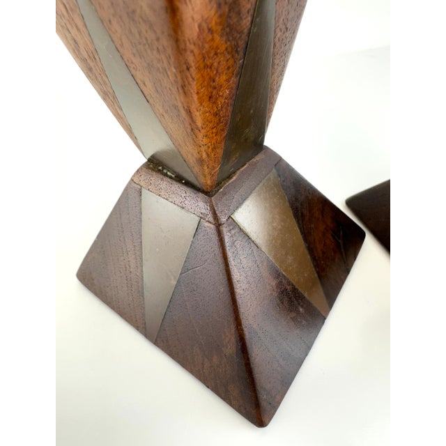 1960s 1960s Mid-Century Faceted Wood & Inlaid Metal Candlesticks, Geometric Modernist Form, a Pair For Sale - Image 5 of 9