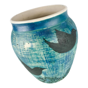 1990s Randi Kish Art Blue Textural Pottery Studio Sculpture Vase with Birds