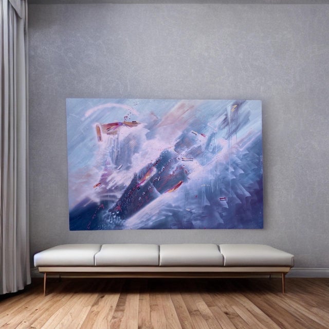 Blue Abstract Original Painting on Canvas 76 x 51 Architectural 1980s Provenance For Sale - Image 8 of 11