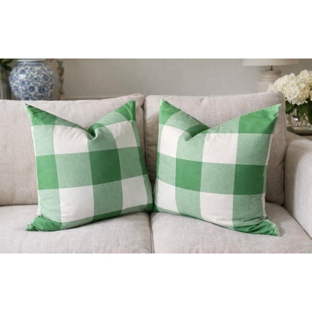 One pair of spring green 100 percent cotton pillow covers with invisible zipper closures measuring 22 X 22 inches with a...