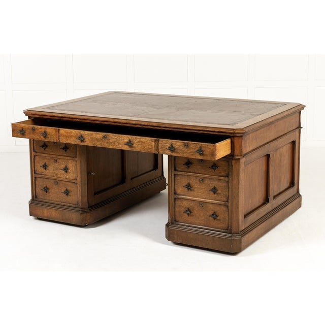 Brown Large Antique English Oak Partners Desk, 1800s For Sale - Image 8 of 10