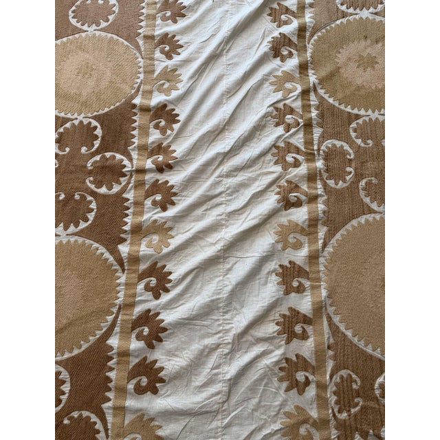 Textile Hand-Embroidered Large Neutral Tan Suzani Coverlet For Sale - Image 7 of 11