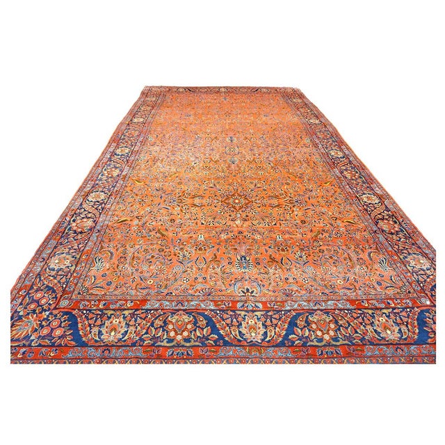 Persian Antique Persian Manchester Kashan Wool 10X17 Salmon, Rust & Navy Handmade Area Rug #1141003 For Sale - Image 3 of 12