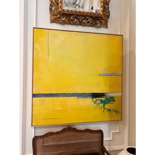 Bold modern abstract painting by Richardson featuring a luminous yellow field intersected by gestural linear elements and...