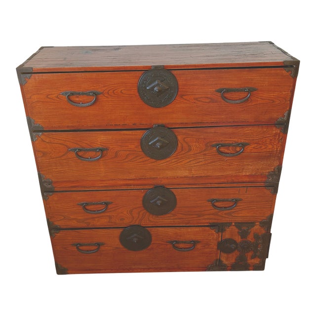 Antique Japanese Keyaki Tansu Chest, Edo–Meiji Period, 4 Drawers in Two Stackable Sections With Iron Hardware For Sale