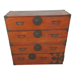 Antique Japanese Keyaki Tansu Chest, Edo–Meiji Period, 4 Drawers in Two Stackable Sections With Iron Hardware