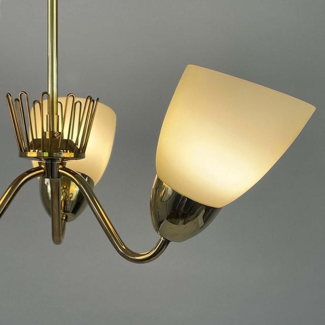 Metal Brass & Opaline Glass 3-Arm Chandelier attributed to Hans Bergström for Asea, Sweden, 1950s For Sale - Image 7 of 17
