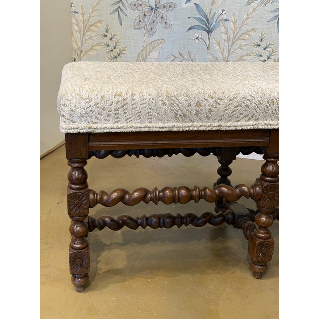 This is a beautiful antique English barley leg bench! Newly reupholstered, this bench is in stunning condition. The legs...