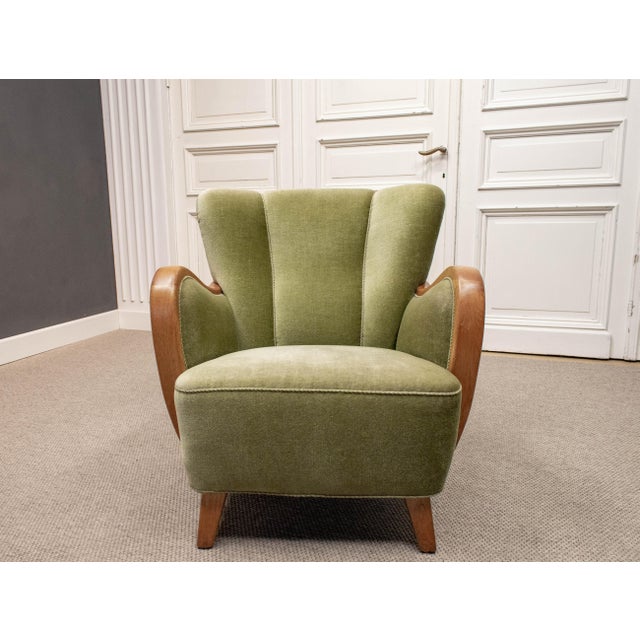 Vintage Danish Lounge Chair in Green Velvet, 1950s For Sale - Image 9 of 11