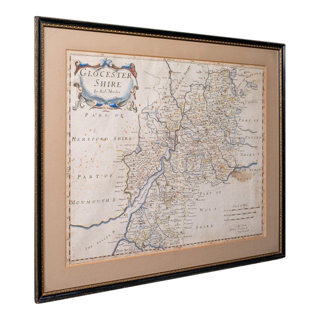 Antique Framed Gloucestershire Map, English Atlas Engraving, Cartography, c.1700 For Sale