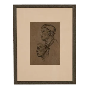 Antique English Impressionist Charcoal Pencil Drawing Portrait Study Two Heads by Sir George Clausen r.a. Circa 1905