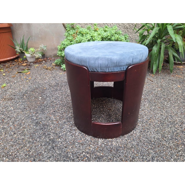 Mid-Century Modern Dark Wood Ottoman with Blue Seat, 1960s For Sale - Image 3 of 4