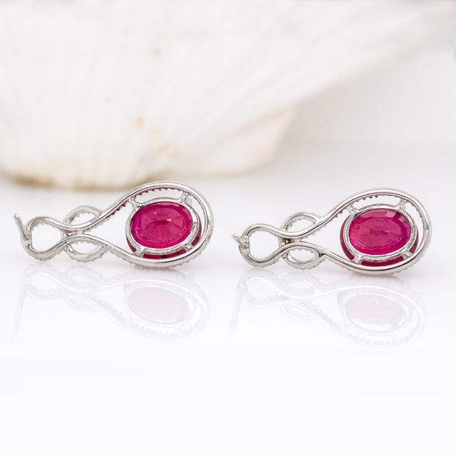 Estate 9cts Ruby Dangle Earrings With Natural Diamond Accents in 14k Solid White Gold For Sale In Columbus - Image 6 of 7