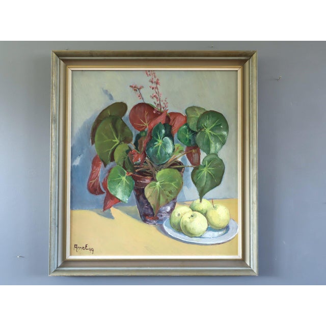 BEGONIA & APPLES Size: 25.2 x 23.2 inches (including frame) Oil on board A very pleasant and meticulously painted mid-...