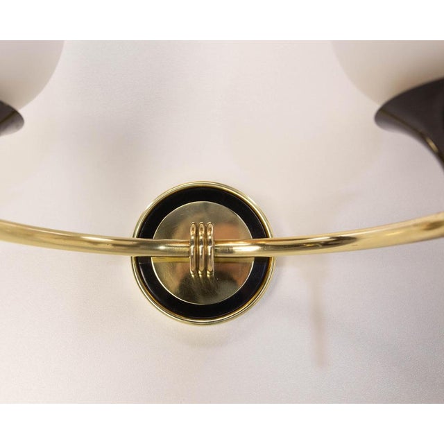 French Double Sconces in Brass and Black Metal with Opaline Glass Shades, 1960s, Set of 2 For Sale - Image 9 of 15