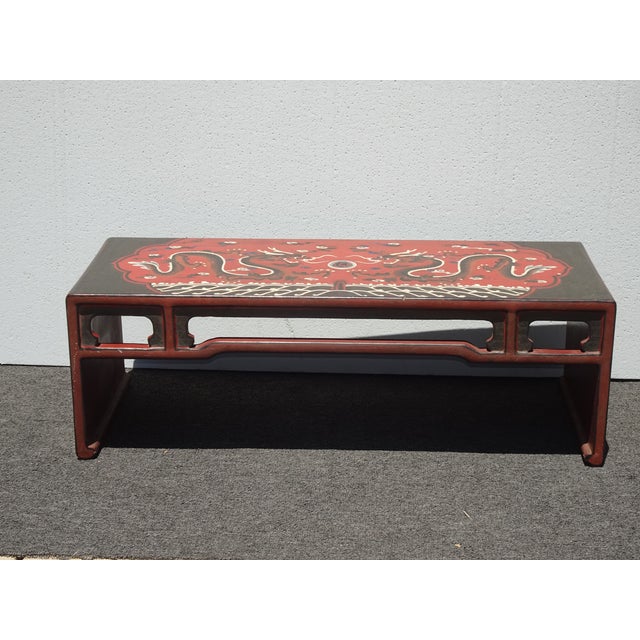 Wood Vintage Chinese Asian Red Dragon Motif Bench ~ Coffee Table For Sale - Image 7 of 15