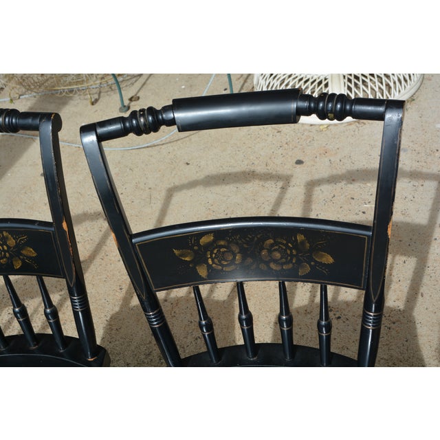 Wood Vintage S Bent Bros Hitchcock Style Black Stenciled Dining Chairs Set of 4 For Sale - Image 7 of 18