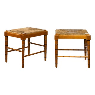 Vintage Pair of English Midcentury Faux Bamboo Walnut Stools with Rush Seats For Sale