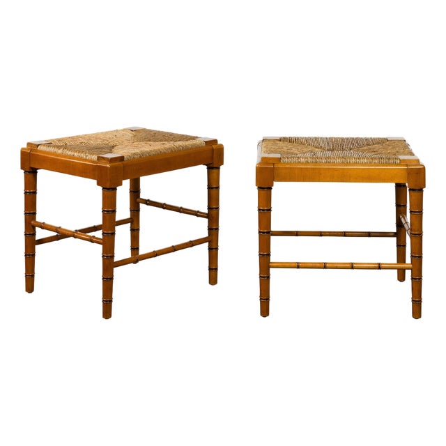 Vintage Pair of English Midcentury Faux Bamboo Walnut Stools with Rush Seats For Sale