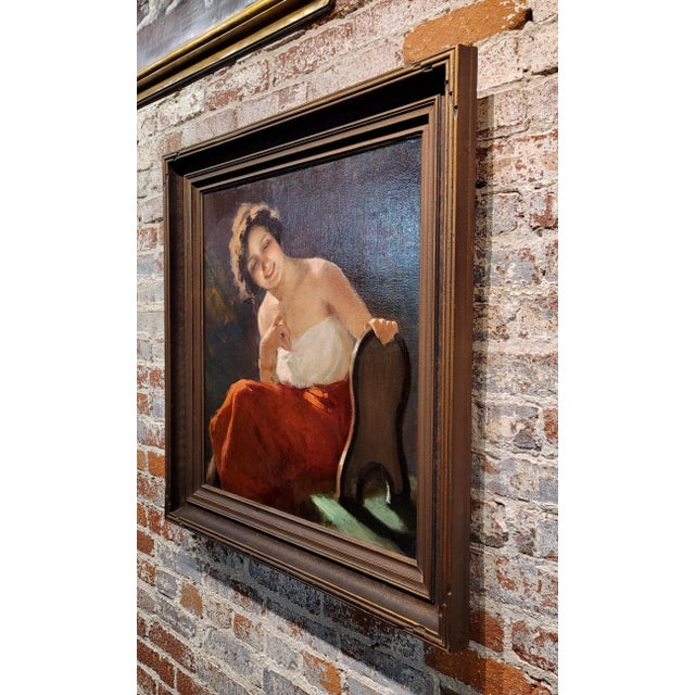 Textile Girl Admiring Herself in the Mirror -C1880s Italian Romanticism Oil Painting For Sale - Image 7 of 8