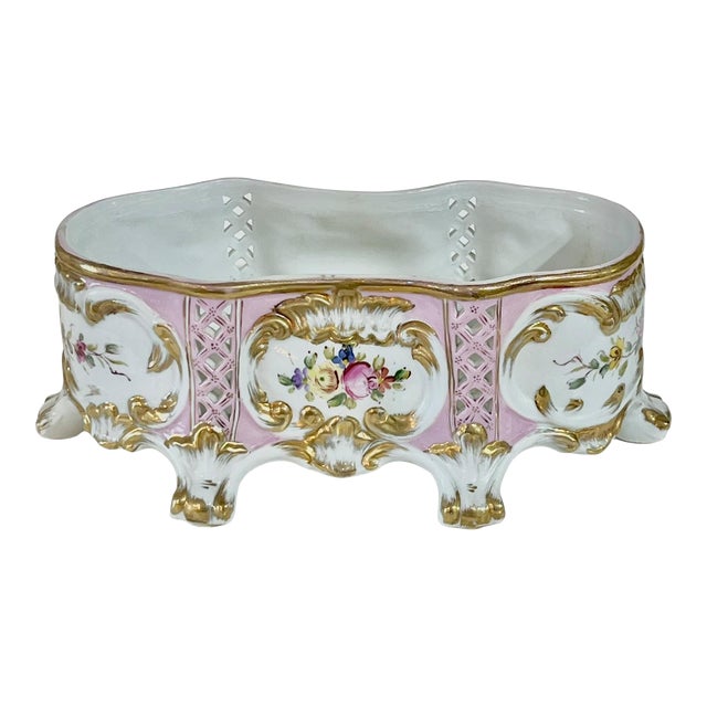 Vintage Hollywood Regency Pink and Gold Floral Porcelain Footed Jardiniere For Sale