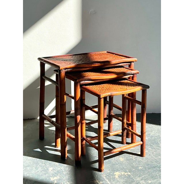 Wood Vintage Boho Woven Rattan Nesting Tables - Set of 3 For Sale - Image 7 of 12