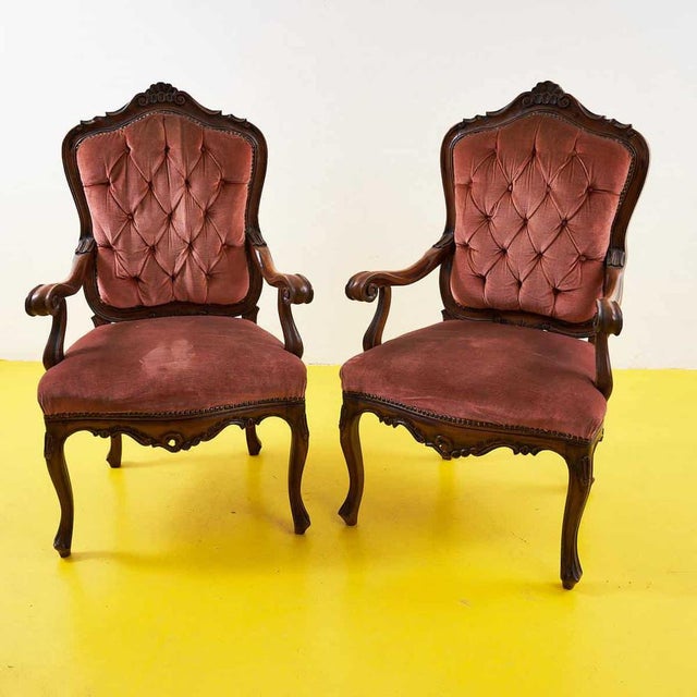 Vintage Wooden and Velvet Armchairs, Set of 2 For Sale - Image 9 of 9