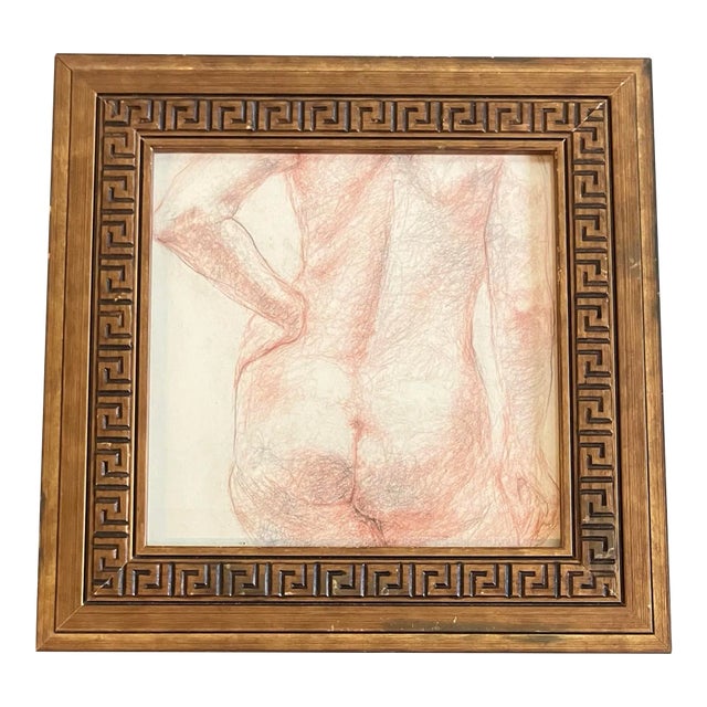1970’s Vintage Sepia Charcoal Female Nude Drawing Greek Key Frame For Sale