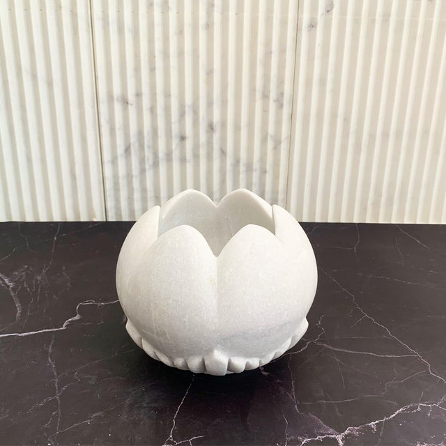 Contemporary Handmade Rajnagar Marble Candle Holder – 6” White Stone Lotus Design For Sale - Image 3 of 4