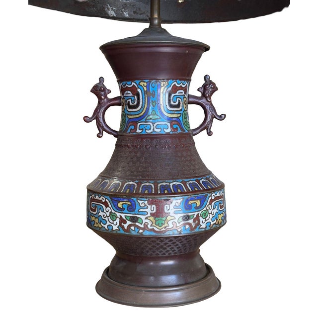 Japanese 1910 Meiji Period Japanese Cloisonné Lamp With Wrought Iron and Enamel Shade For Sale - Image 3 of 12