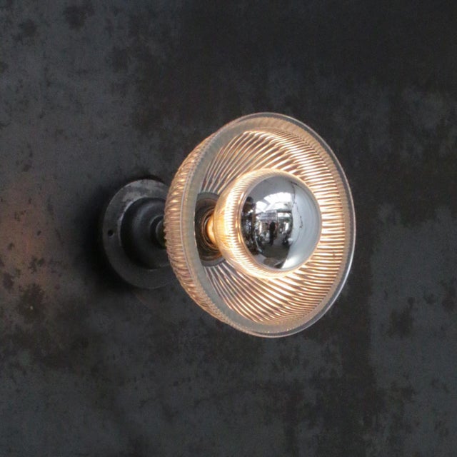 Holophane glass wall light metal E27 / E26 bulb holder with clear striped glass shade cast iron wall mount diameter 10.5...
